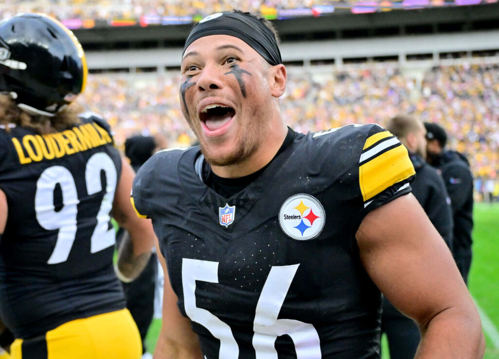 Alex Highsmith celebrating on football field vibrant Steelers wallpaper background excitement