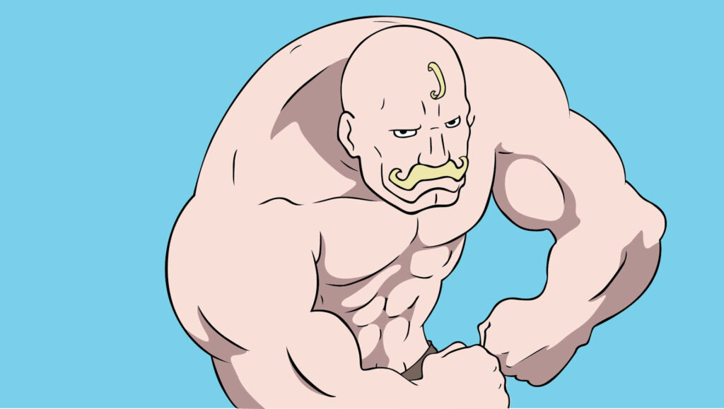Alex Louis Armstrong flexing muscular arms in a strong pose Fullmetal Alchemist blue background Wallpaper
