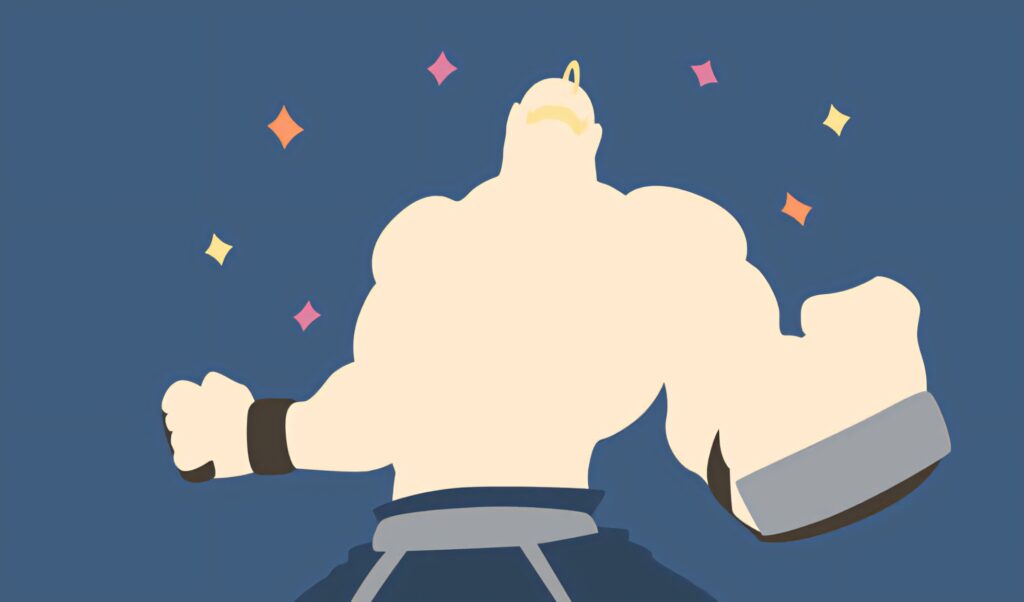 Alex Louis Armstrong flexing impressive muscles with colorful sparkles on blue background wallpaper