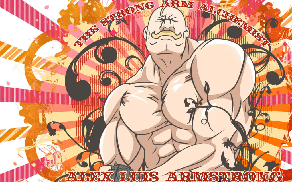 Alex Louis Armstrong flexes muscles in vibrant action pose Fullmetal Alchemist wallpaper background
