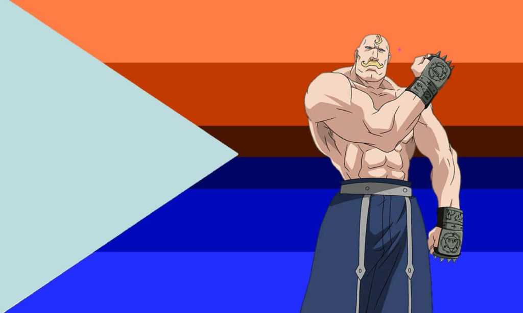 Alex Louis Armstrong flexing muscular arms vibrant colorful striped background Fullmetal Alchemist wallpaper