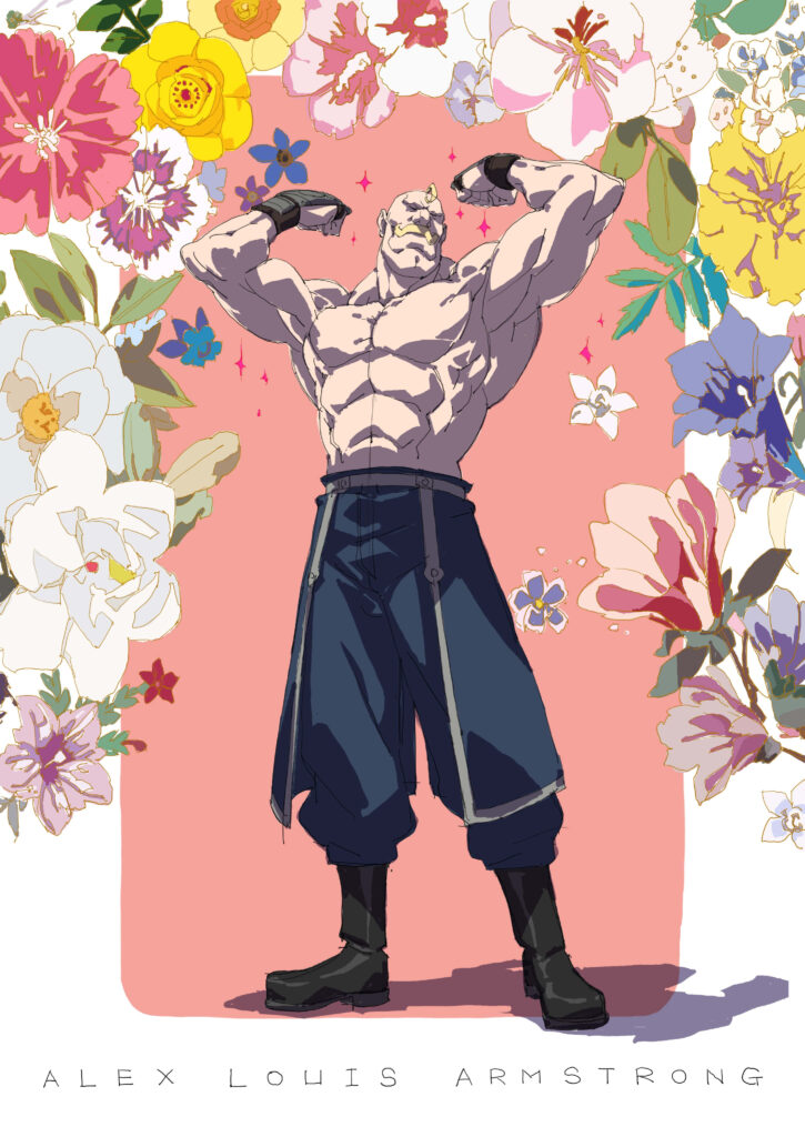 Alex Louis Armstrong muscular pose vibrant colorful flower wallpaper background strength