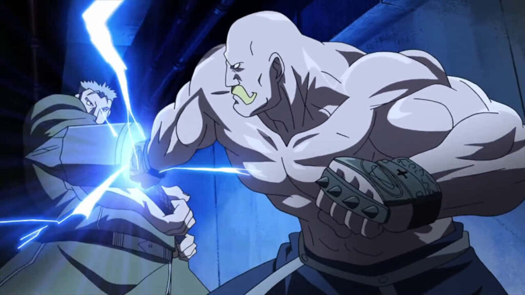 Alex Louis Armstrong muscular battle stance flexing powerful energy anime wallpaper background