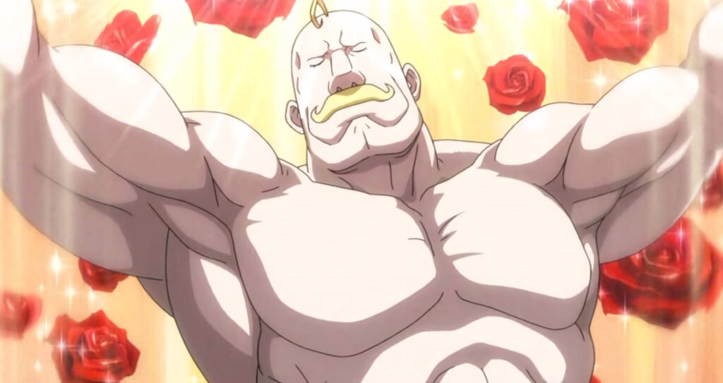 Alex Louis Armstrong flexing muscles with sparkling light and vibrant red roses wallpaper background