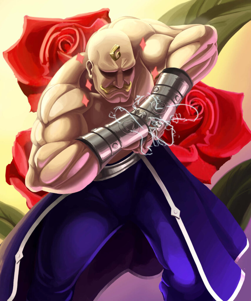 Alex Louis Armstrong Strong Arm Alchemist powerful pose metallic gauntlets vibrant red roses wallpaper