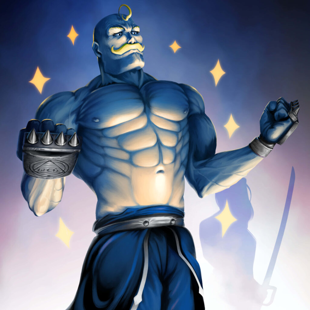 Alex Louis Armstrong strong pose showcasing Strong Arm Alchemy with sparkling energy background Wallpaper