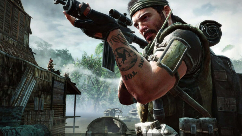 Portrait of Alex Mason aiming weapon in blurred forest background intense action wallpaper