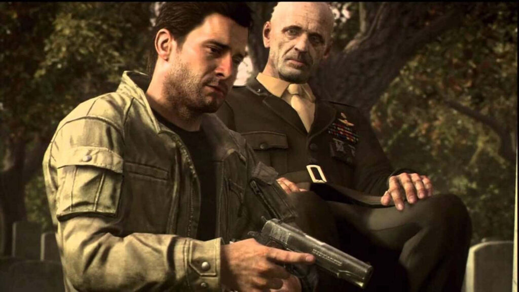 Alex Mason tense gripping handgun under watchful military officer in graveyard intense mission Wallpaper