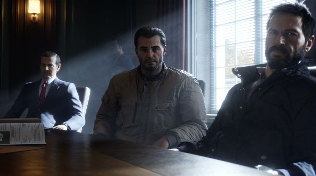 Alex Mason tense at conference table with serious team sunlight through blinds dramatic battlefield scene Wallpaper