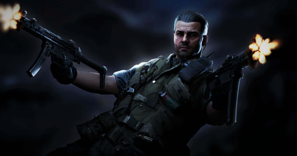 Alex Mason in tactical gear dual-wielding guns in intense combat action dark dramatic background Wallpaper