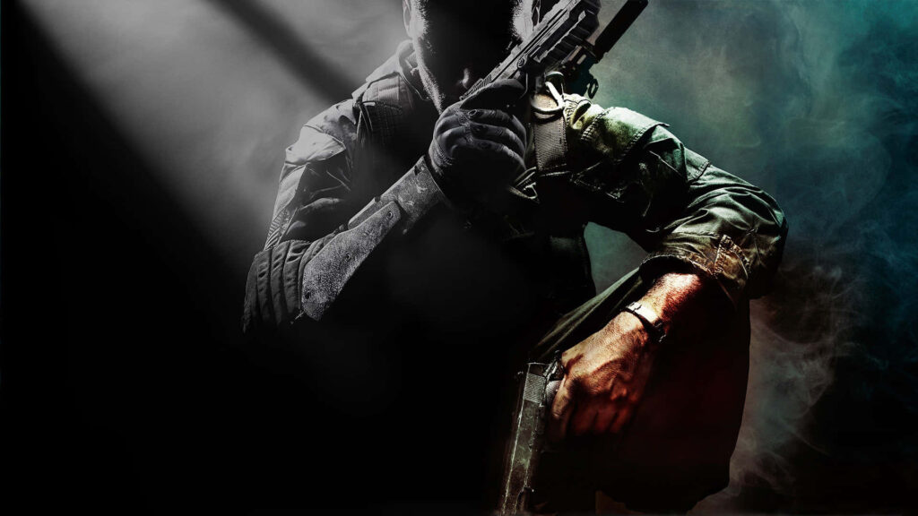 Alex Mason gaming wallpaper with weapon dramatic lighting smoky effects intense atmosphere