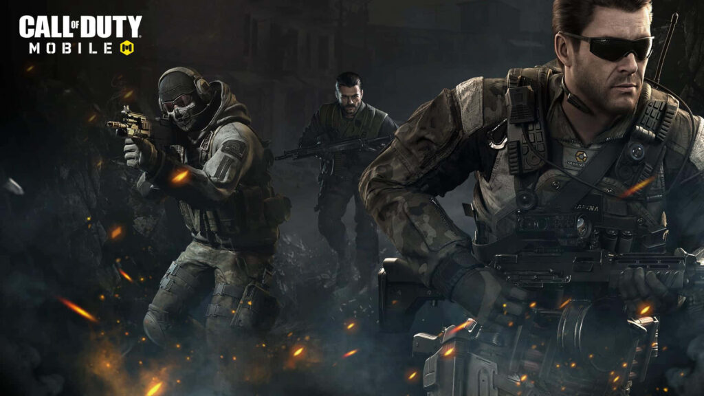 Alex Mason leading squad in intense Call of Duty battlefield with gunfire and flying debris wallpaper