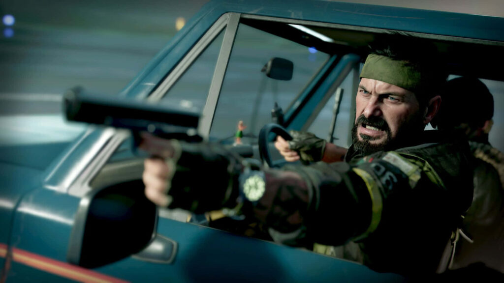 Alex Mason aiming pistol from vehicle mid mission intense action wallpaper background scene