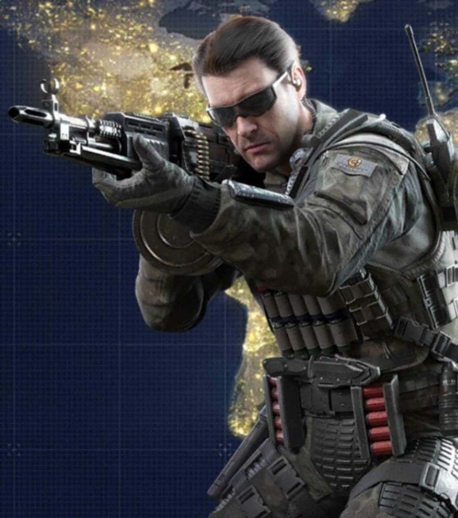 Alex Mason aiming weapon in tactical gear with intense look against illuminated world map background Wallpaper