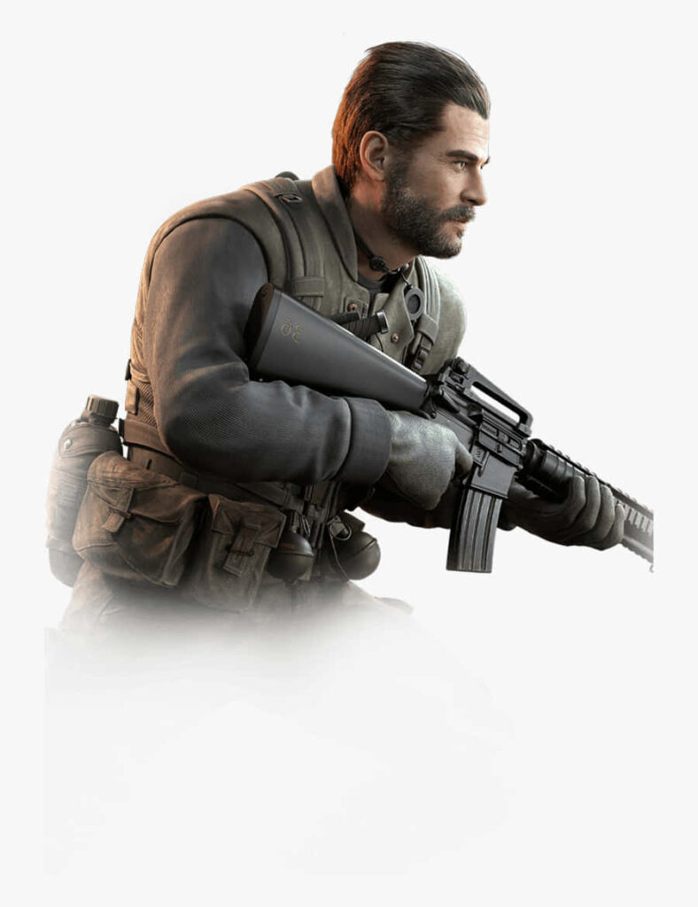Alex Mason in tactical gear holding rifle intense pose on white background photoshoot wallpaper