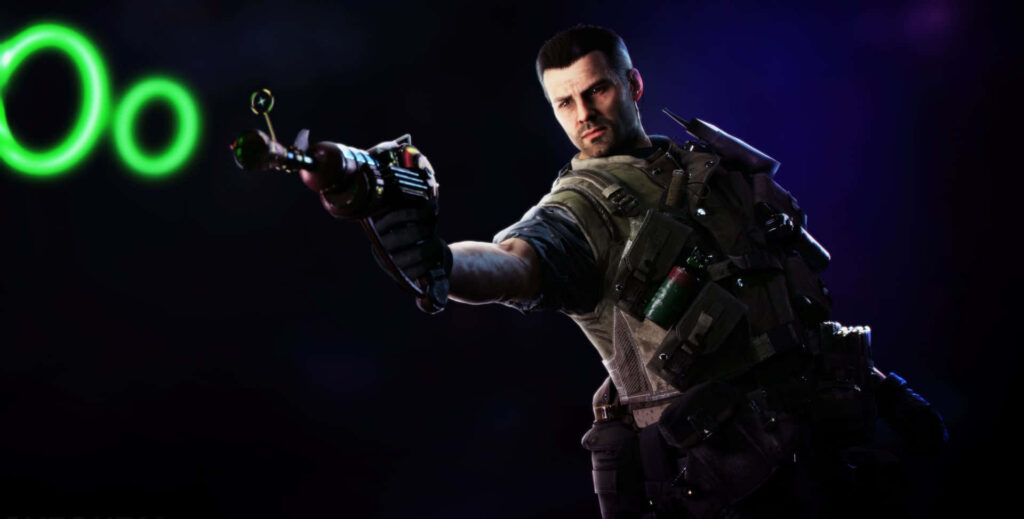 Alex Mason aiming weapon in tactical gear with intense focus on dark dramatic background wallpaper