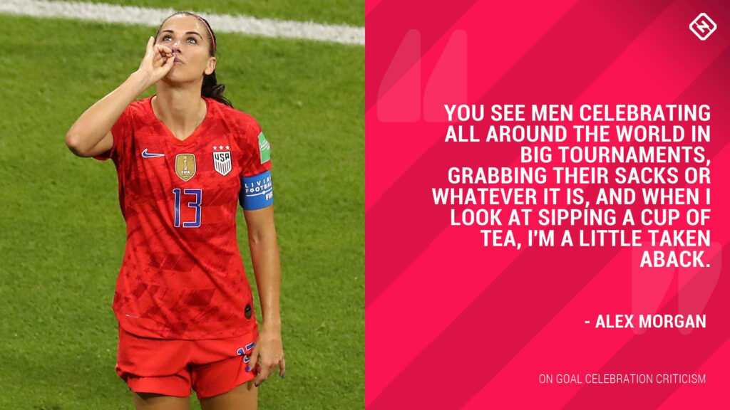 Alex Morgan celebrates goal with playful tea sip gesture during major soccer tournament wallpaper background