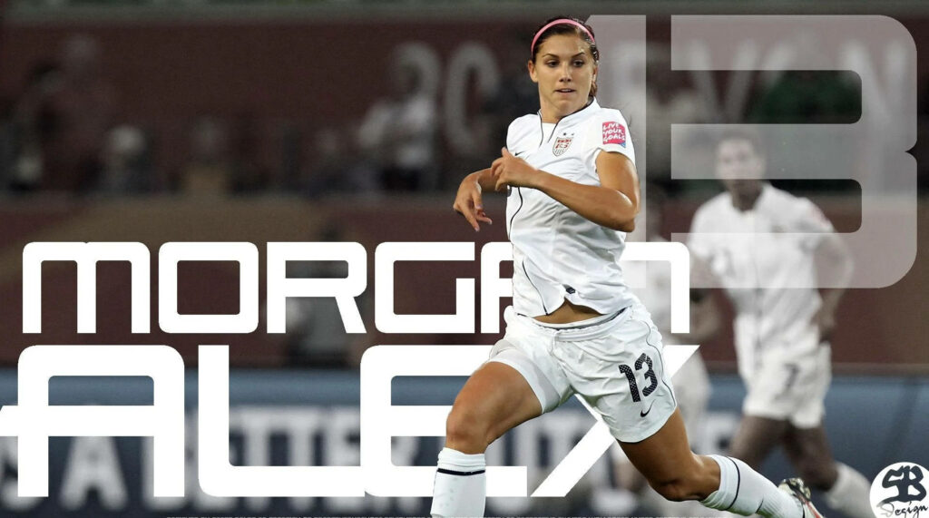 Alex Morgan in white soccer uniform with bold name and number 13 dynamic action wallpaper background