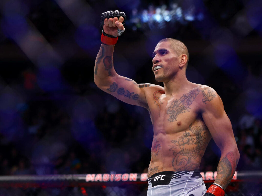 Alex Pereira UFC fighter victorious inside octagon showing tattoos intense focused stance wallpaper