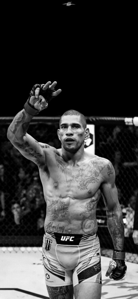 UFC fighter Alex Pereira raising hand in victory inside octagon intense focused monochrome wallpaper
