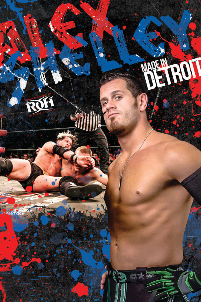 Alex Shelley wrestling wallpaper Detroit paint splatter intense in ring action background