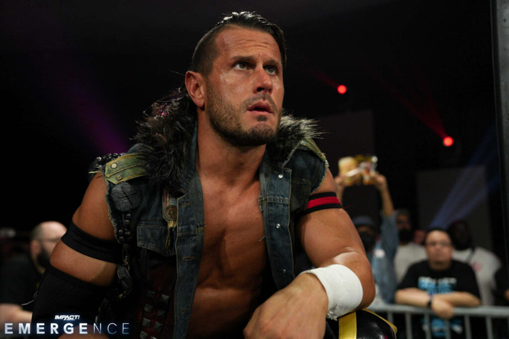 Alex Shelley intense focus Impact Wrestling Emergence match dynamic wrestling action wallpaper