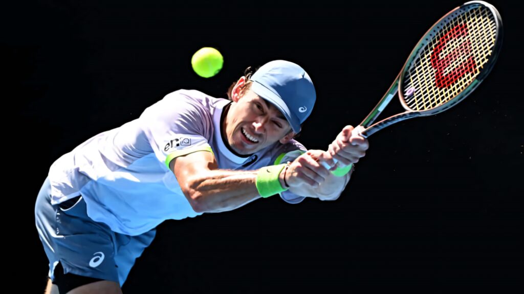 Alex de Minaur intense backhand shot tennis player wallpaper background professional match