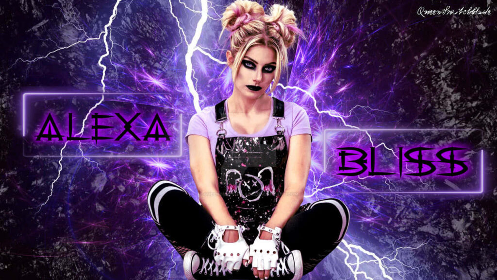 Alexa Bliss seated cross-legged with dramatic purple lightning background edgy wrestling style Wallpaper