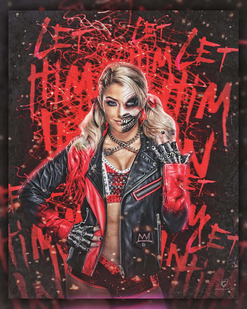 Alexa Bliss in a striking red leather jacket with bold makeup and vibrant red accents wallpaper