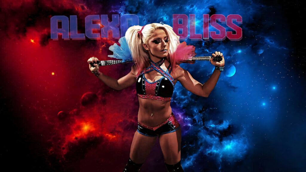 Alexa Bliss WWE Superstar confident pose against bold red and blue cosmic wallpaper background