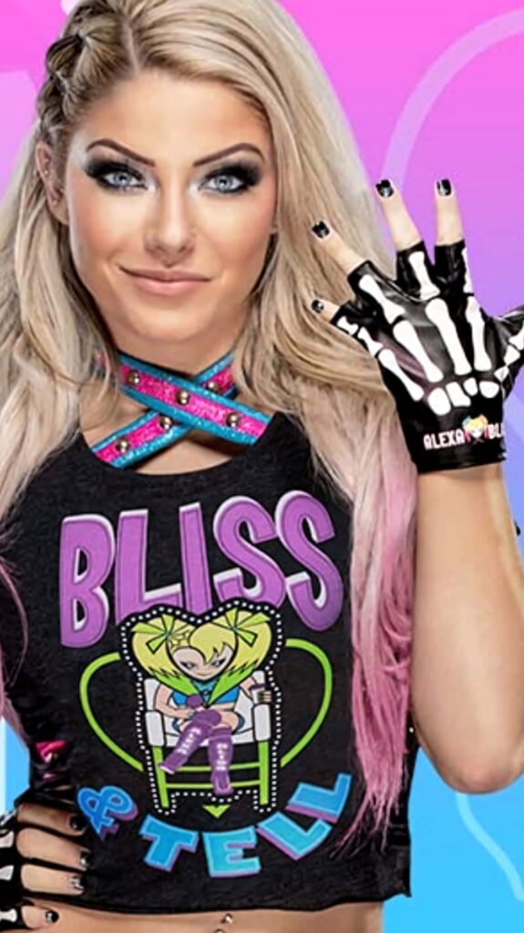 WWE wrestler Alexa Bliss confident pose vibrant colorful background signature style wallpaper