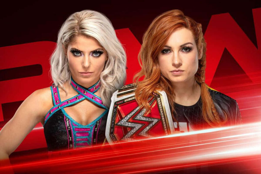Alexa Bliss and Becky Lynch WWE RAW wallpaper Becky holding WWE championship belt intense scene