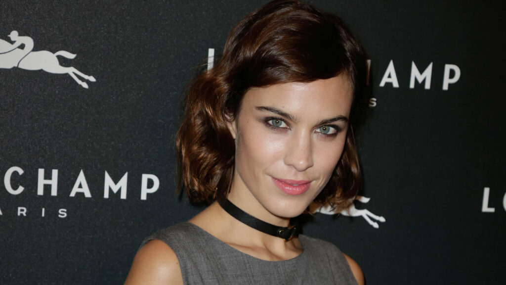 Alexa Chung elegant formal event pose chic outfit branded backdrop wallpaper background