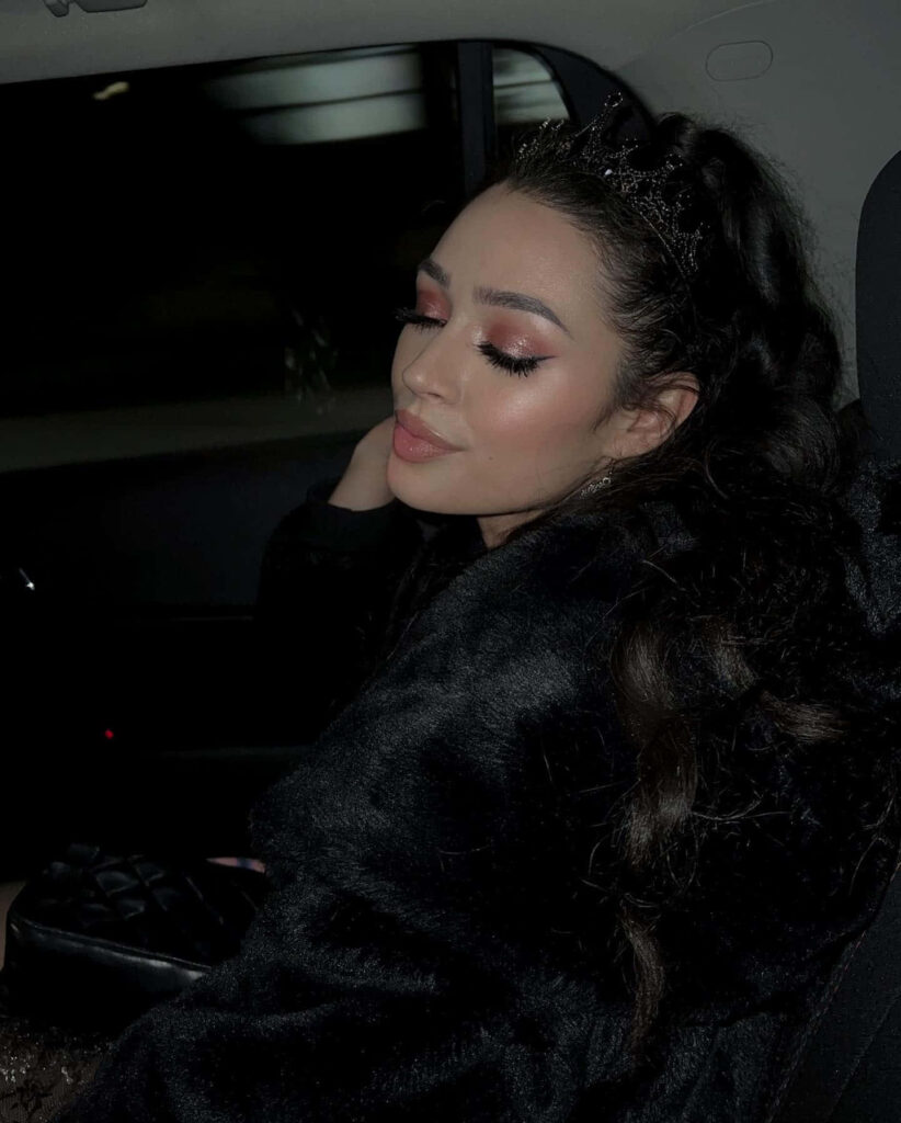 Alexa Rose Steele elegant night car ride flawless makeup subtle crown hairstyle dim interior ambiance Wallpaper