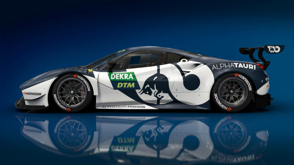 Alexander Albon DTM car AlphaTauri livery aerodynamic design bold sponsorship decals blue background Wallpaper