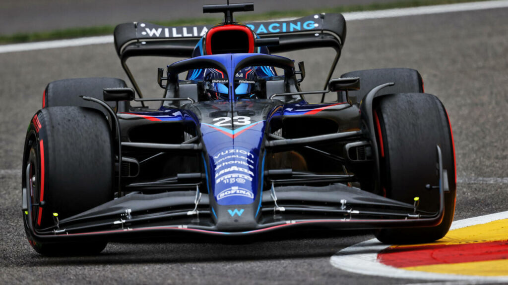 Alexander Albon drives blue Williams Racing F1 car fast on track showcasing precision and speed Wallpaper