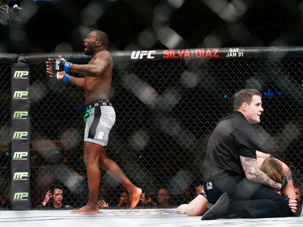 Alexander Gustafsson defeated on UFC mat opponent celebrates victory inside octagon wallpaper