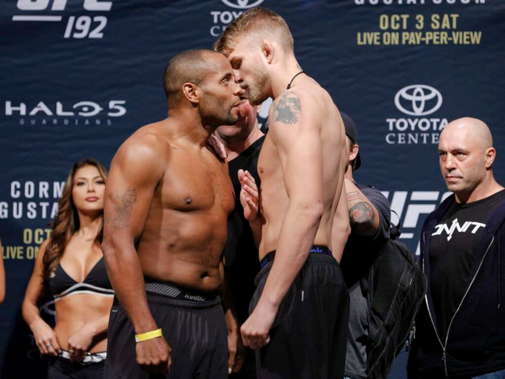 Alexander Gustafsson and Daniel Cormier intense UFC 192 weigh-in face off background wallpaper