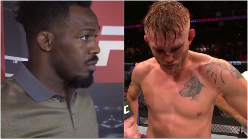 Split image of UFC fighters Alexander Gustafsson and Jon Jones showing focus and determination Wallpaper