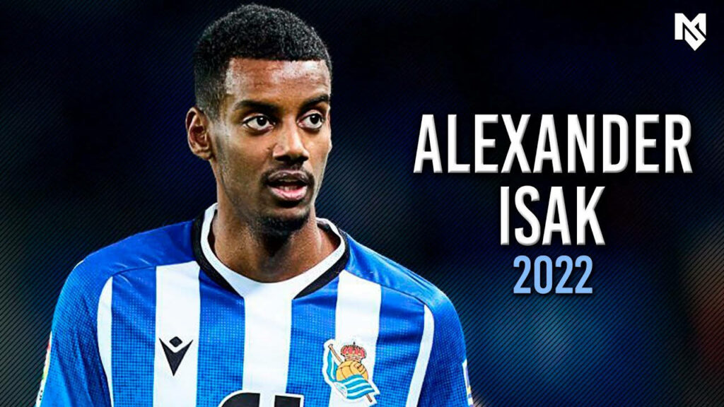Alexander Isak in 2022 football kit with name highlighting his achievements wallpaper background