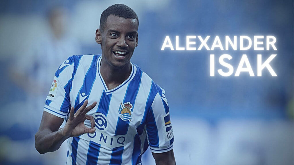 Alexander Isak Real Sociedad wallpaper energetic celebration blue tint jersey background