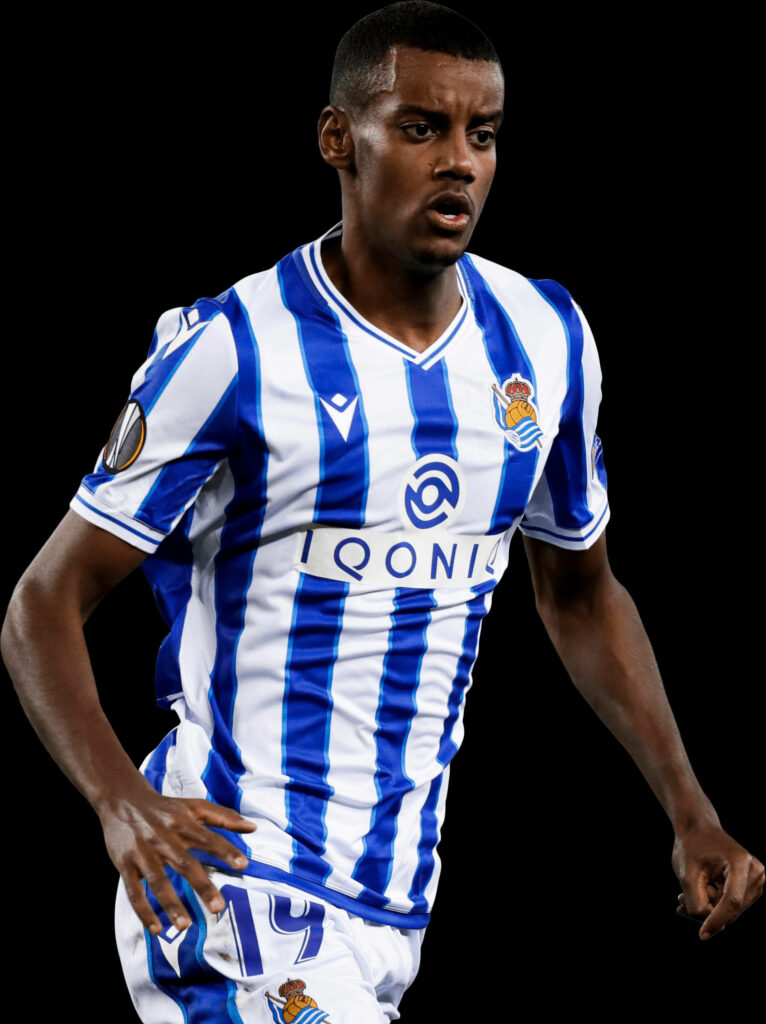 Alexander Isak in Real Sociedad home kit dynamic football action on white background wallpaper