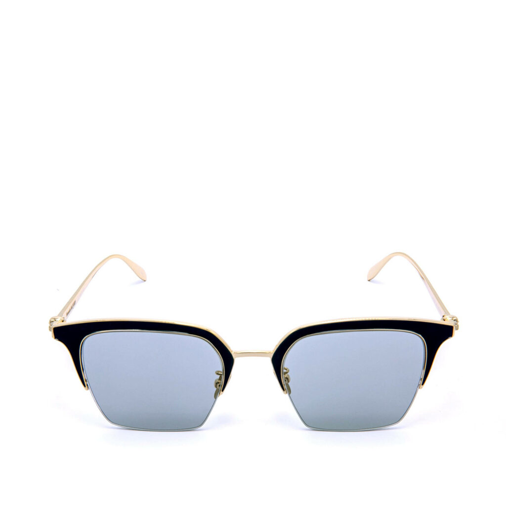 Alexander McQueen sunglasses black thick rims gold temples reflective lenses stylish design Wallpaper