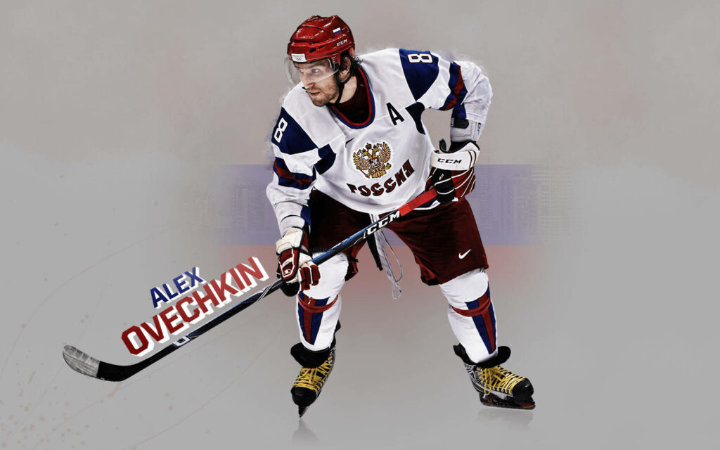 Alexander Ovechkin in Russian national hockey jersey skating dynamically on ice rink ready to play Wallpaper