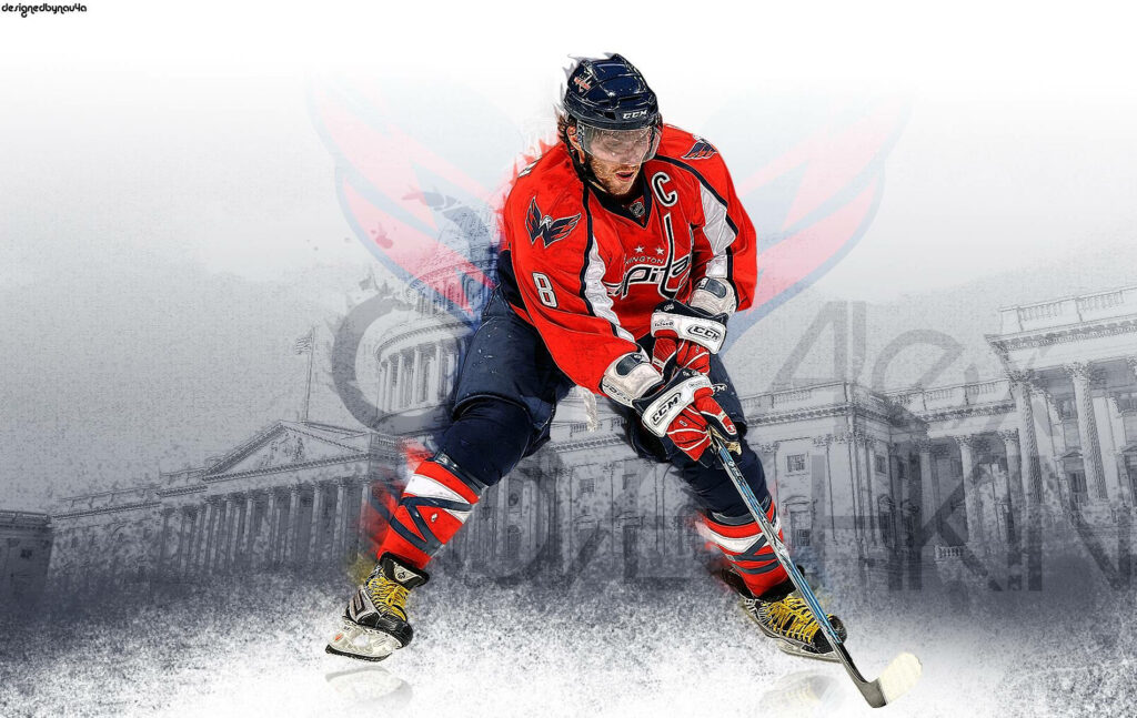 Alexander Ovechkin Washington Capitals in action with team logo and Washington DC landmarks background Wallpaper