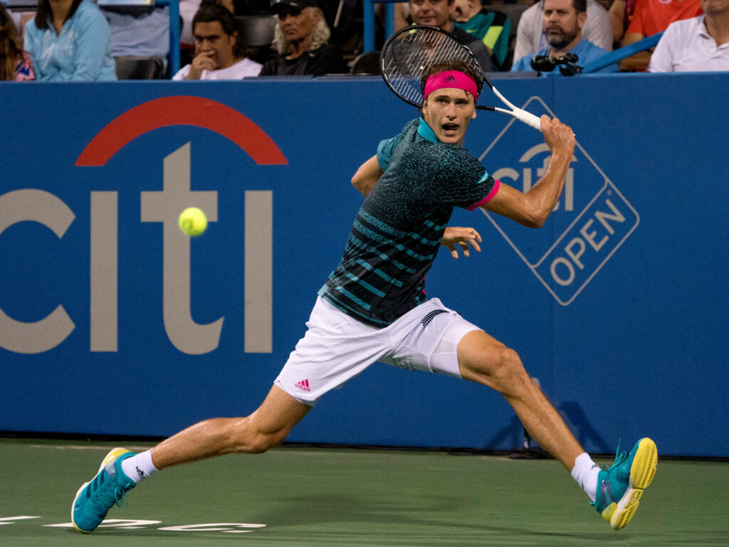 Alexander Zverev returns shot during Citi Open tennis match intense focus wallpaper background