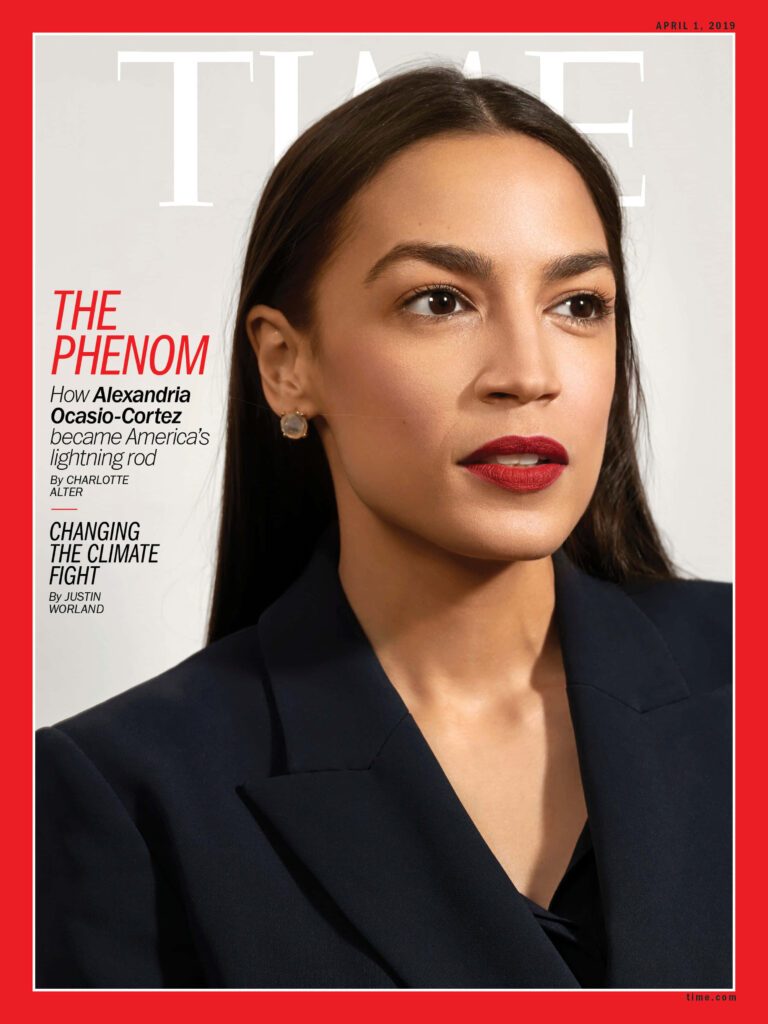 Alexandria Ocasio-Cortez on Time Magazine cover confident political leader portrait wallpaper background