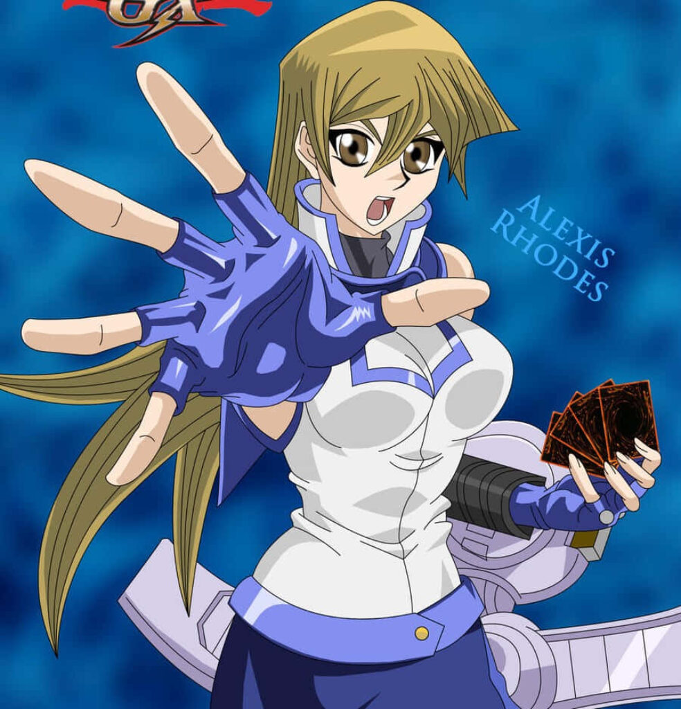 Alexis Rhodes confident Yu-Gi-Oh duelist holding cards ready for duel on bold blue wallpaper background