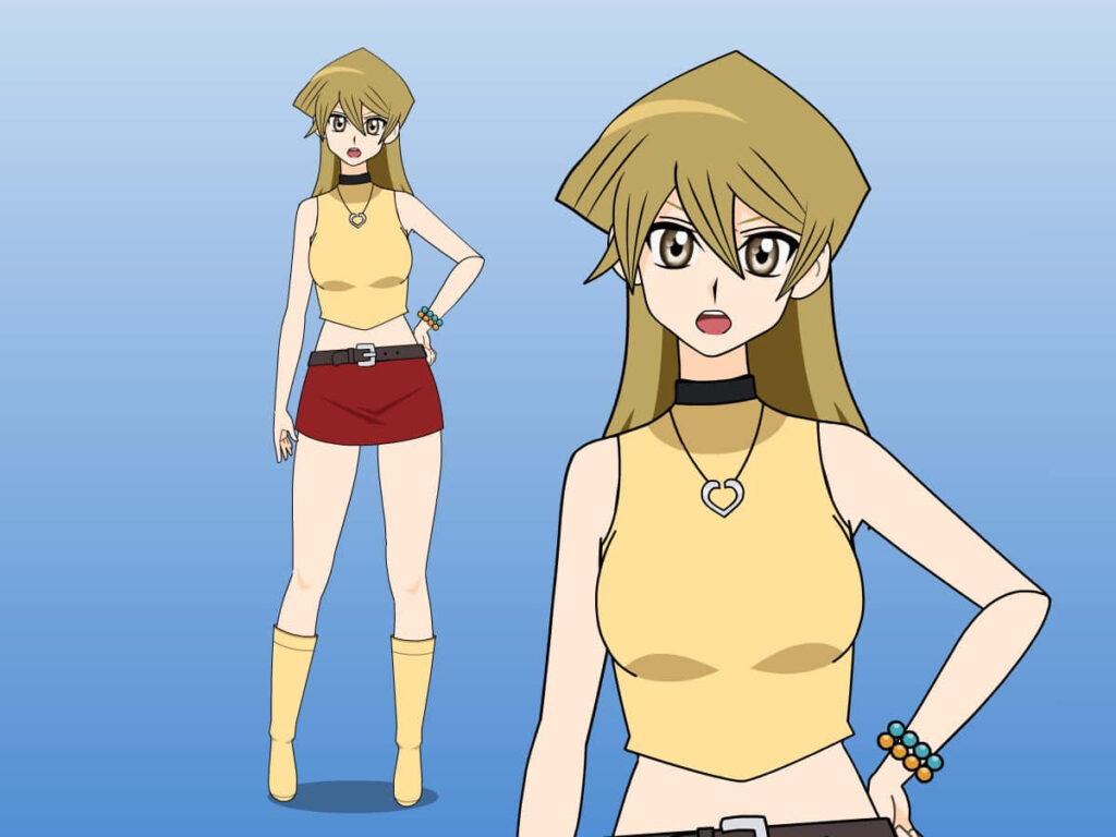 Alexis Rhodes in Duel Academy uniform confident pose blue gradient YuGiOh wallpaper background