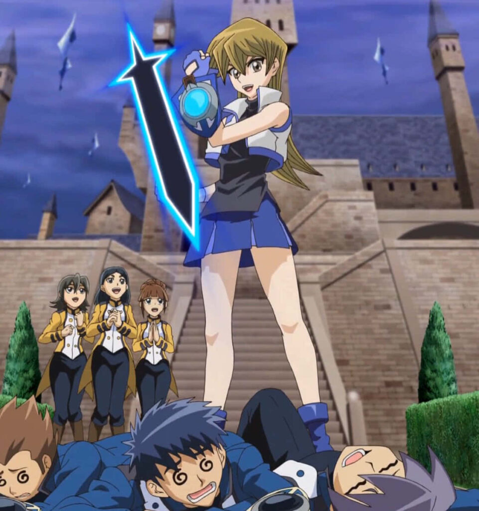 Alexis Rhodes dueling with activated duel disk at grand academy Yu-Gi-Oh intense battle scene Wallpaper
